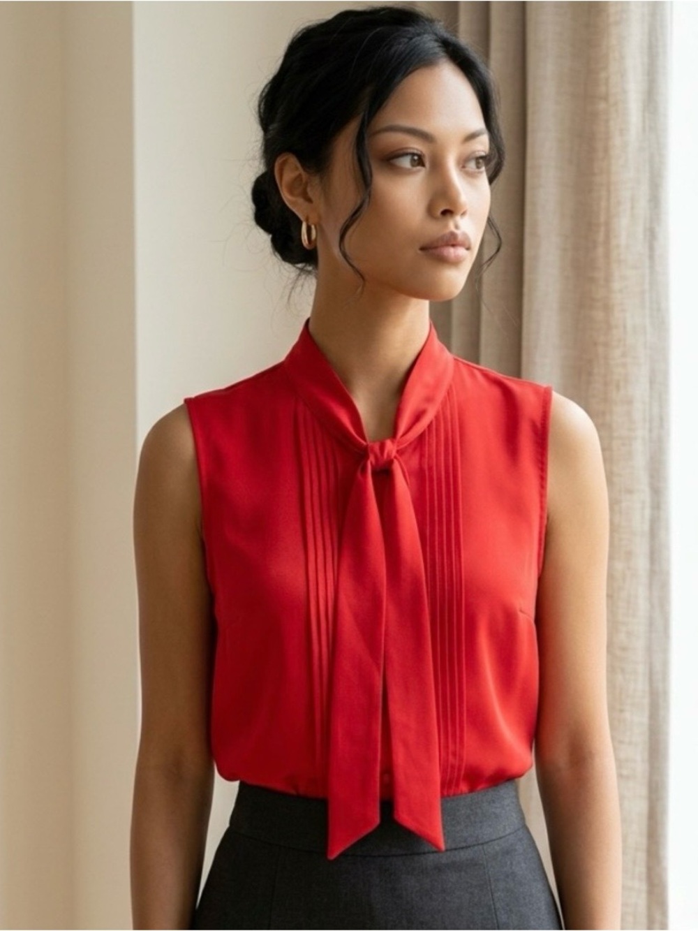 Pure Alfred Sung Red Sleeveless Blouse Tie Neck Pintuck Top Blouse Dressy-XL